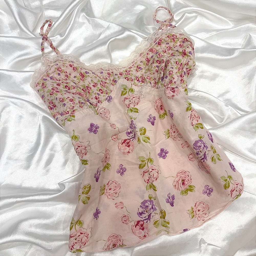 SO Floral Lace Trim Camisole Top Pink Purple Cotton Side Zip Medium